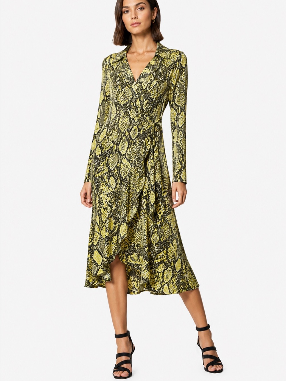 Karen Millen Snake Print Wrap Midi Dress US 6 Yellow Black Long Sleeve